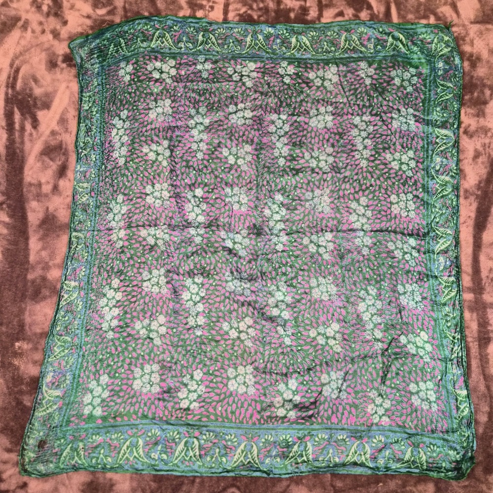 Vintage Silk Square Scarf Green Purple Floral Paisley Block Print 27x27 Thin - Picture 5 of 7